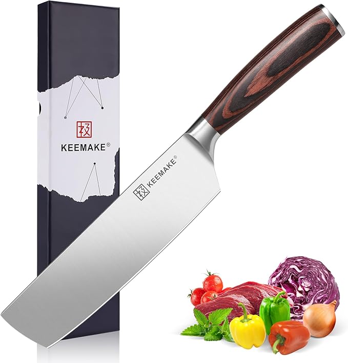 KEEMAKE Nakiri Knife 7 Inch - Sharp Meat Cleaver with High Carbon Stainless Steel Blade, Japanese Kitchen Vegetable Cooking Knife with Ergonomic Pakkawood Handle and Gift Box Included