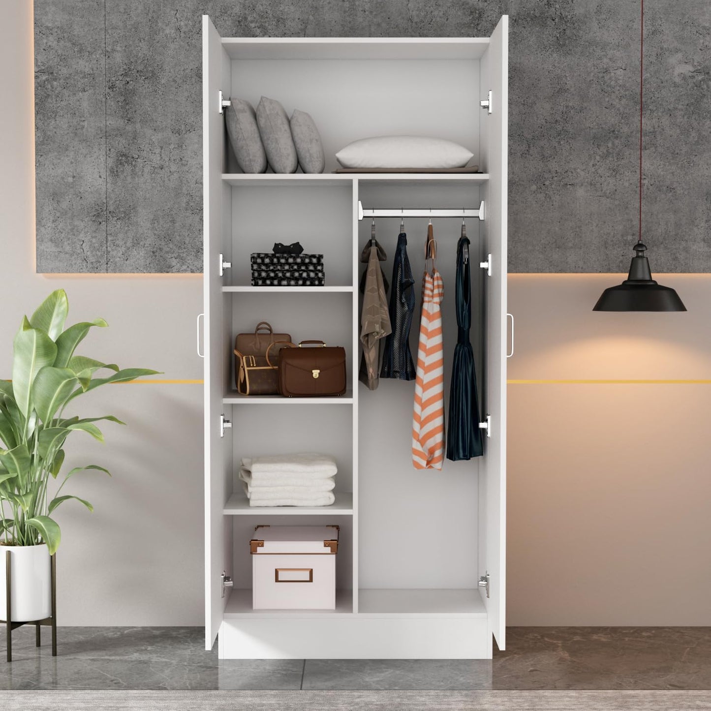 Hitow 2-Door Wardrobe Cabinet with Hanging Rod and 5 Shelves, Modern Free Standing Wood Storage Closet with Sliver Metal Handles for Bedroom, White, 31.5”W x 19.1”D x 70.9”H