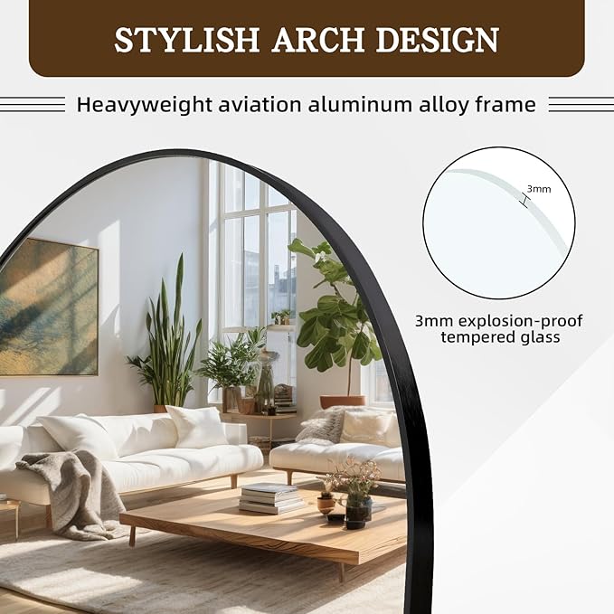 64x22 Arched Full Length Mirror Black,Oversized Floor Standing Mirror with Rust-Resistant Aluminum Frame & Anti-Tilt Base, Modern Arched-Top Design for Bedroom, Living Room, Entryway.
