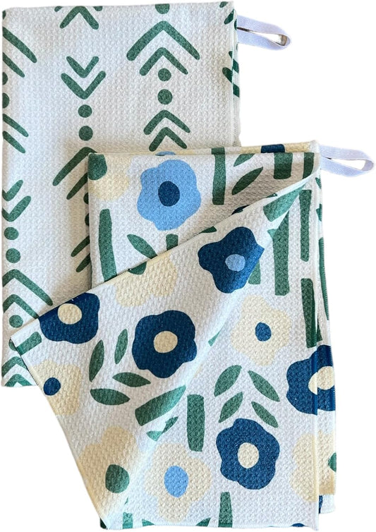 2 Pack Double Sided || Not Your Ordinary Kitchen Towels || Dish Towels ||Quick Dry || Waffle Weave Microfiber || Highly Absorbent || Hanging Hook (Blue Green Arrow)