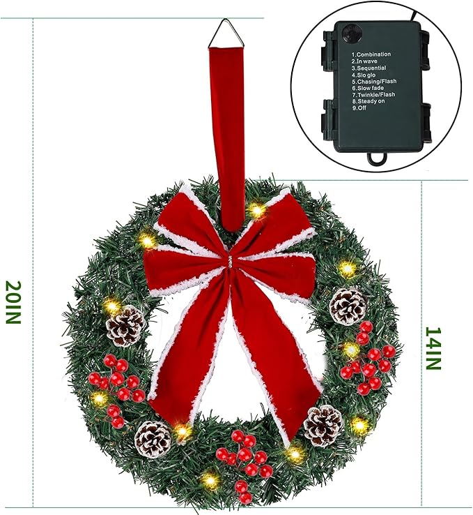 Hausse Set of 3 Christmas Wreaths, Lighted Artificial Christmas Wreath with LED Lights & Large Red Bow Ornaments, 8 Modes & Timer, Battery Operated for Front Door Gate Wall Xmas Party Decorations