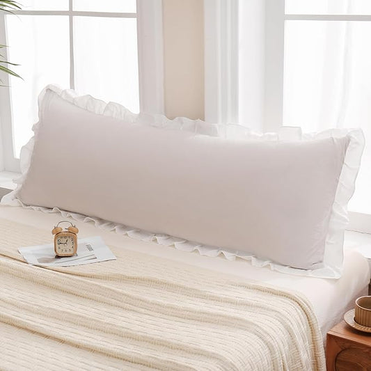 Merryword Beige Body Pillow Cover 20x54inches Beige and White Reversible Long Pillowcase Ruffled Body Pillowcases Cute Pillowcase Pillow Sham (1 Body, Beige White)