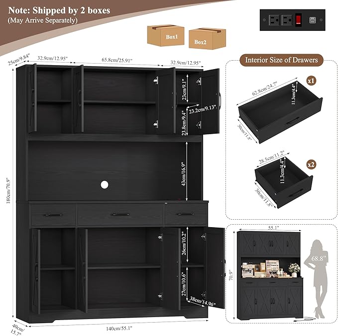 HOSTACK 71" Tall Kitchen Pantry Storage Cabinet with Charging Station, 55" Wide Kitchen Hutch Cabinet with Large Countertop, Farmhouse Food Pantry with Drawers for Living Room, Black Wood Grain