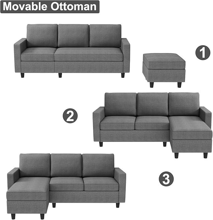 HONBAY Convertible Sectional Sofa, Convertible L Shaped Couch with Reversible Chaise, Sectional Couch for Small Space Apartment, Grey