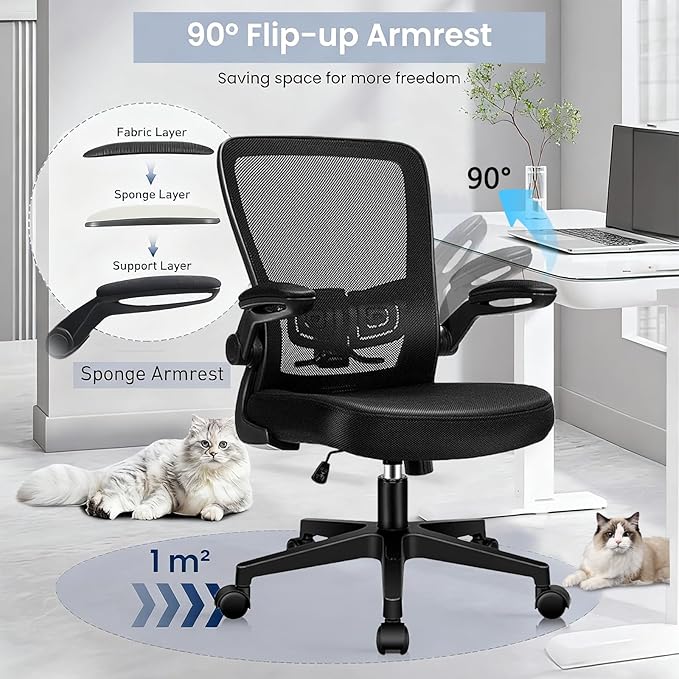 Desk Chairs with Wheels, Ergonomic Mesh Office Chair Adjustable Height and Swivel Lumbar Support Home Office Chair with Flip Up Armrests, Set of 4