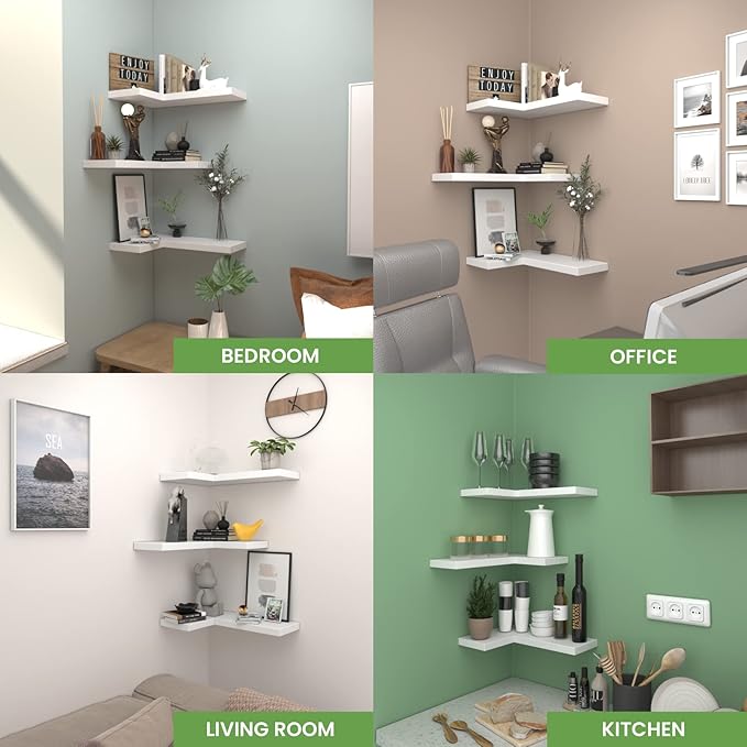 NATURE'S SOURCE Corner Floating Shelves with Invisible Brackets, Corner Shelves Wall Mounted Set of 3, Bedroom Bathroom Kitchen Living Room Office- Modern Style 16.6" x 6" (White)