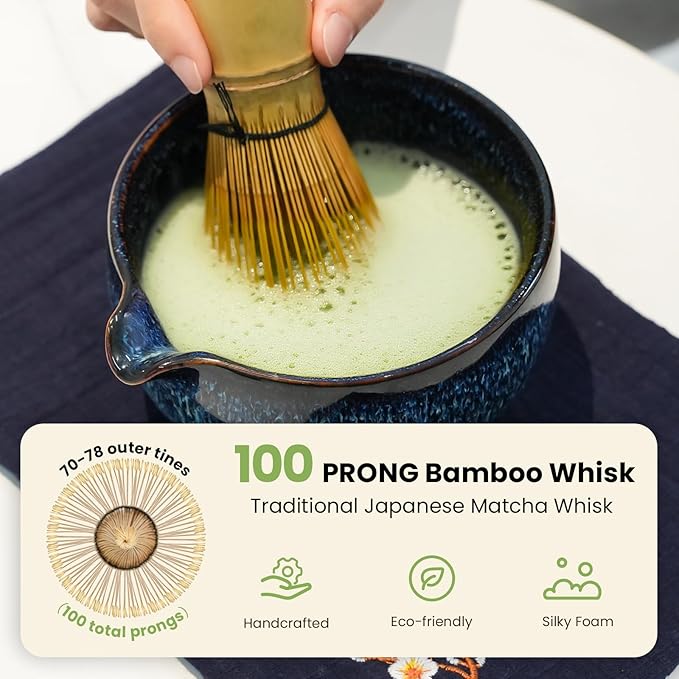 Matcha Whisk Set, Blue Matcha Set (9 Pcs) Includes Matcha Bowl, Whisk & Holder, Scoop, Sifter, Spoon, Scoop Rest, Tea Mat, Hand Book - Ideal Ceramic Matcha Kit for Matcha Lovers