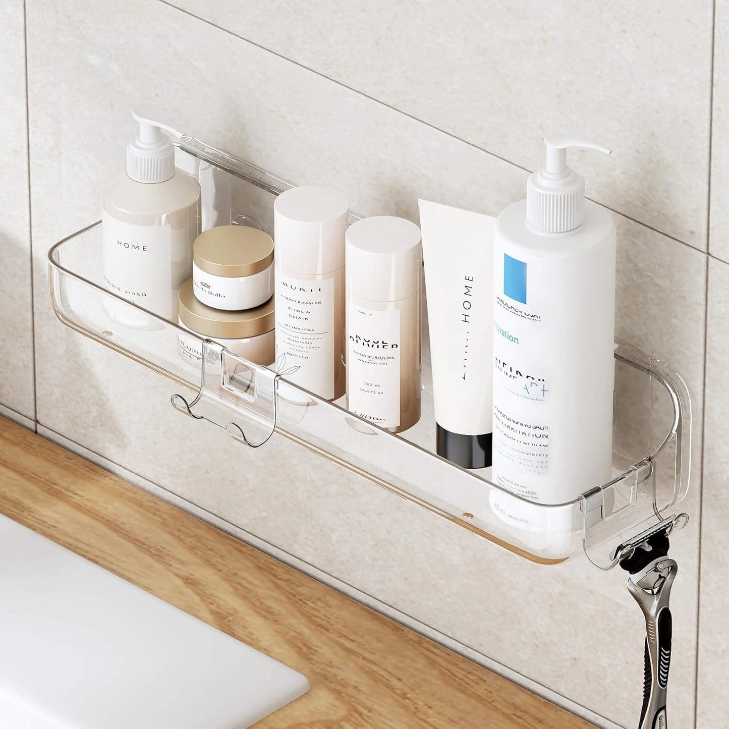 UDD Acrylic Shower Caddy Shower Organizer, Plastic Adhesive Shelf with Hook and Self Adhesive Tape, No Drilling Clear Wall Mount Shower Shelves for Bathroom Kitchen, Clear