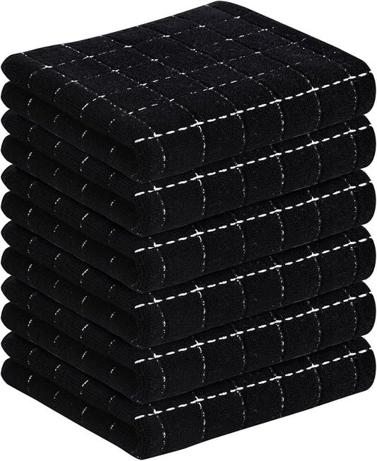 Homaxy 100% Cotton Terry Kitchen Towels(Black, 13 x 28 inches), Checkered Designed, Soft and Super Absorbent Dish Towels, 6 Pack