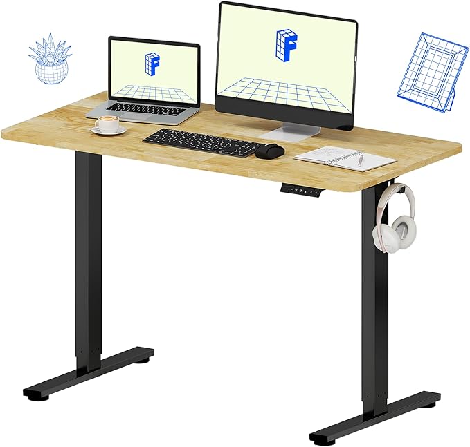 FLEXISPOT EN1 One-Piece Solid Wooden Standing Desk 48 x 24 Inches Height Adjustable Electric Sit Stand Home Office Desks (Black Frame + Rubber Wood Top, 2 Packages)