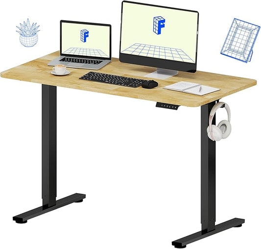 FLEXISPOT EN1 One-Piece Solid Wooden Standing Desk 48 x 24 Inches Height Adjustable Electric Sit Stand Home Office Desks (Black Frame + Rubber Wood Top, 2 Packages)