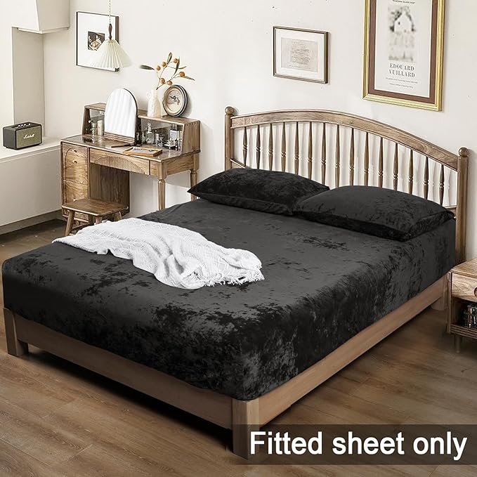 PHF Truly Velvet Fitted Sheet Only King Size, Luxury Super Soft Cozy Fuzzy Flannel Bottom Sheet, Deep Pocket Up to 16",Strenghth Elastic Band,Suitable for Fall Winter Spring, No Pillowcases, Black