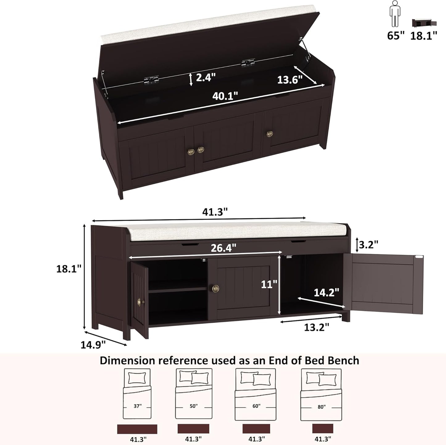HOMEFORT 41.3" Shoe Bench with Lift Top Storage, Entryway Bench with Cushioned Seat, Wooden End of Bed Bench, Shoe Cabinet Bench with Hidden Storage Space, for Bedroom, Hallway,Espresso