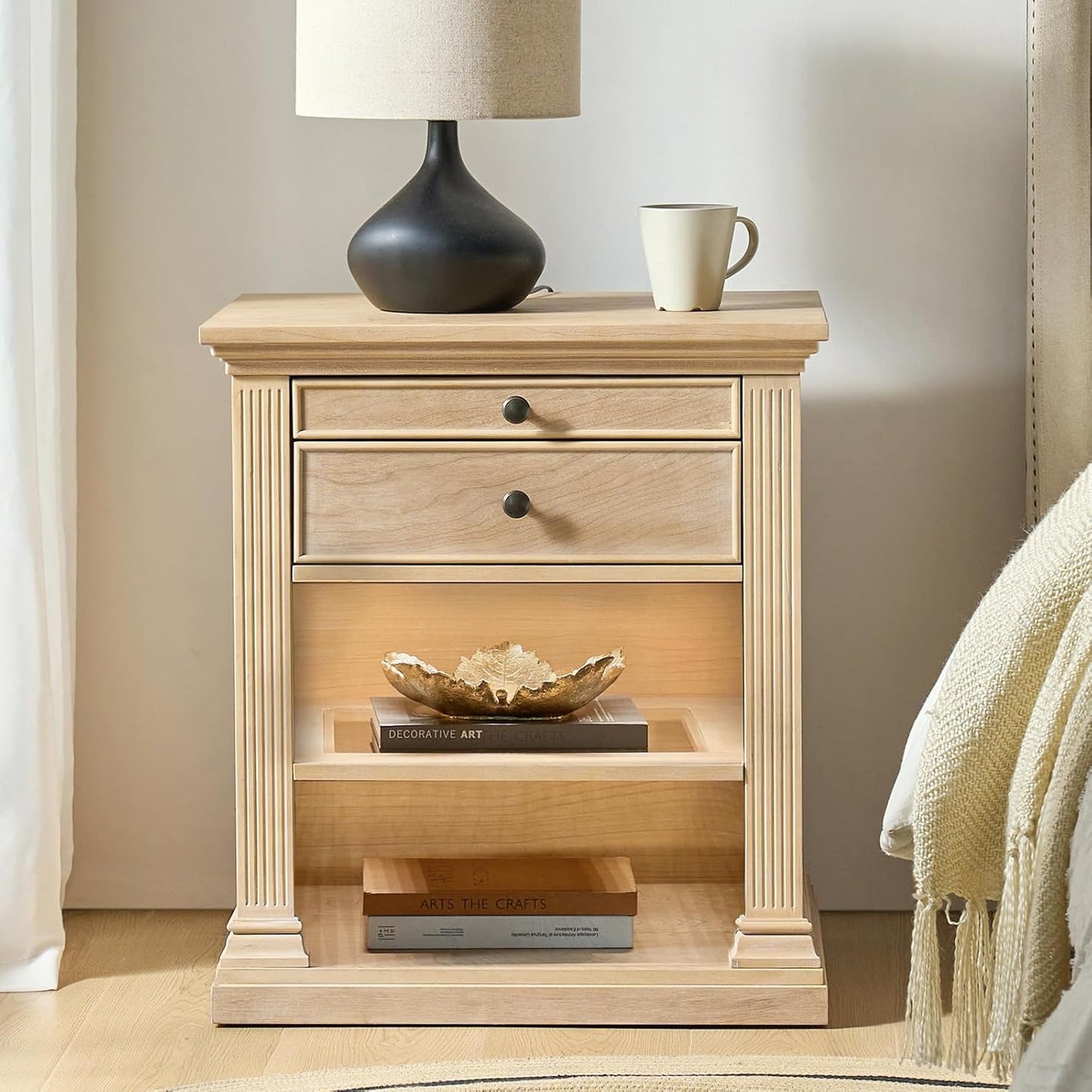 HULALA HOME Wood Nightstand with Tray and Storage Shelves, Traditional Design with Roman Column, End Table with Charging Station/LED, Natural