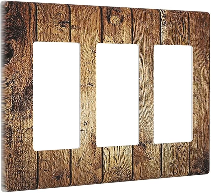 Rustic Brown Wood Natural Wooden Light Switch Covers 3 Gang Rocker Decorative Triple Outlet Wall Plate Cover Switchplate Electrical GFCI for Bedroom Home Decor