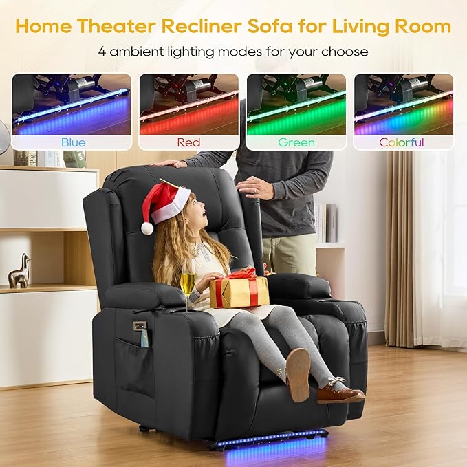 IPKIG Power Recliner Chair, Electric Home Theater Seating with 4 Colors Ambient Lighting/USB Ports/Cup Holders/Side Pockets for Living Room, Bedroom, Home, RVs (Black, Single Chair)