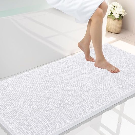 Smiry Luxury Chenille Bathroom Rugs 40x24, Extra Soft and Absorbent Shaggy Bath Mat, Machine Washable, Non-Slip Plush Carpet Runner for Tub, Shower, and Floor, Home Decor Accessories, White
