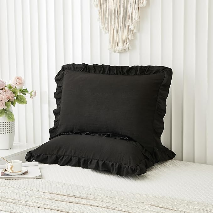 Merryword Black Pillow Shams Standard Pillowcases 20x26inch Black Ruffle Cute Pillow Cover Set of 2 Shabby Chic Soft Microfiber Pillowcases