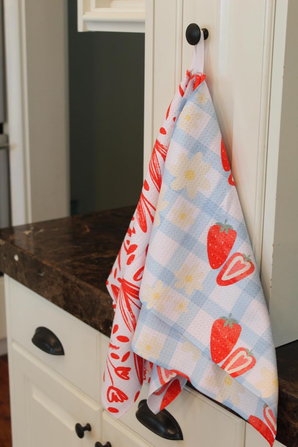 2 Pack Double Sided || Not Your Ordinary Kitchen Towels || Dish Towels || Quick Dry || Waffle Weave Microfiber || Highly Absorbent || Hanging Hook (Strawberry)