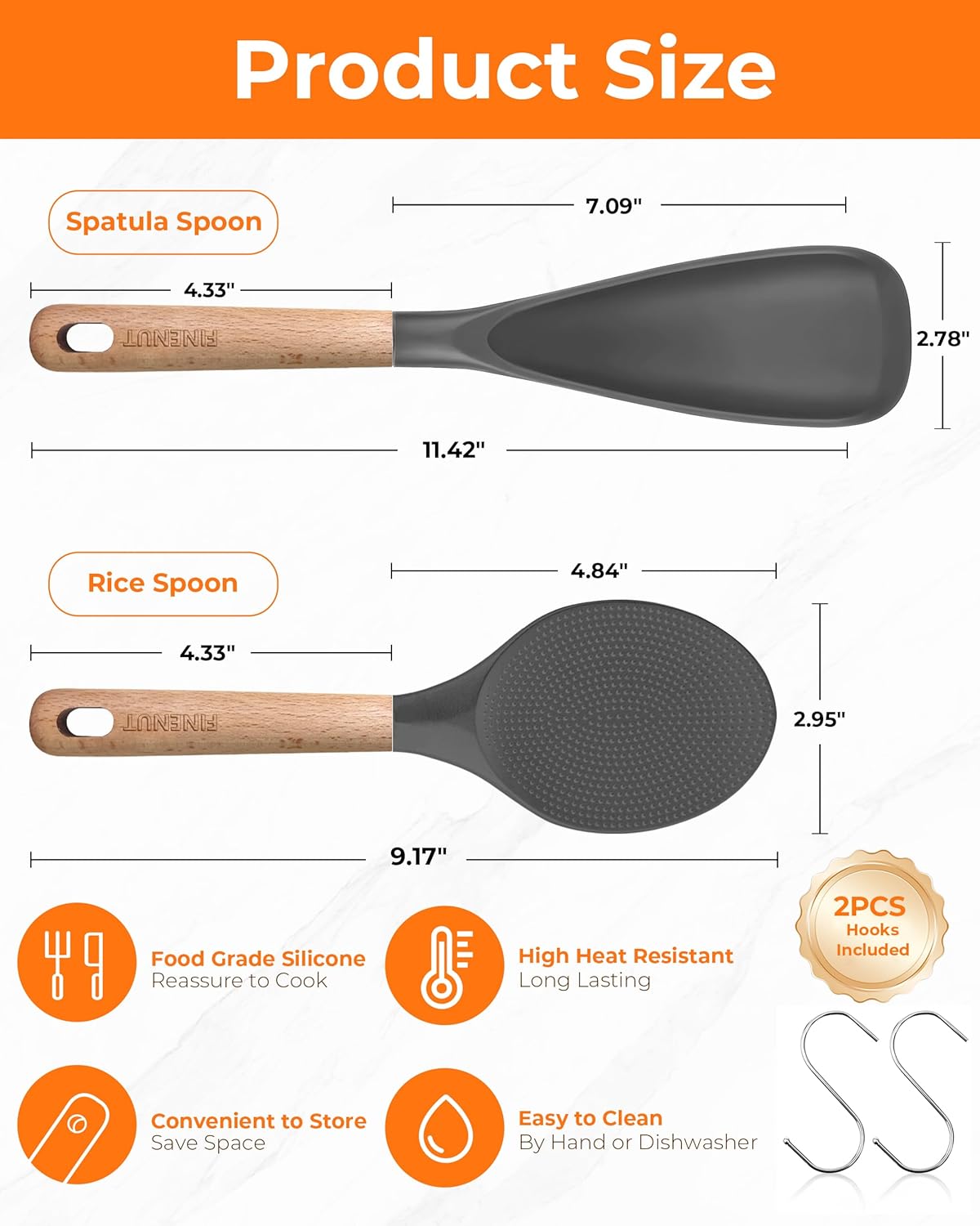 Multifunction Silicone Spatula Spoon 2-Pack Dual-Use-Heat-Resistant 446°F BPA-Free Non-Toxic Cooking for Non-Stick Cookware,Rice Cookers,Wooden Handle Scoop/Serve Meal/Rice Spoon Set (Gray)