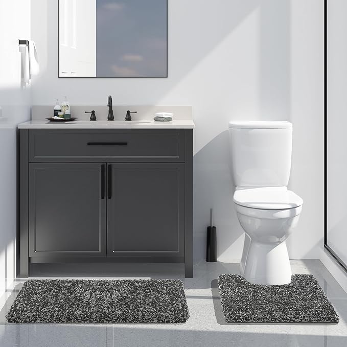 Yimobra Toilet Rugs U Shaped 24x20, Ultra Soft and Water Absorbent Bath Mats, Non Slip Fluffy Luxury Microfiber Contour Bath Rugs for Toilet, Dry Quick, Machine Washable, Light Gray and Black Gray