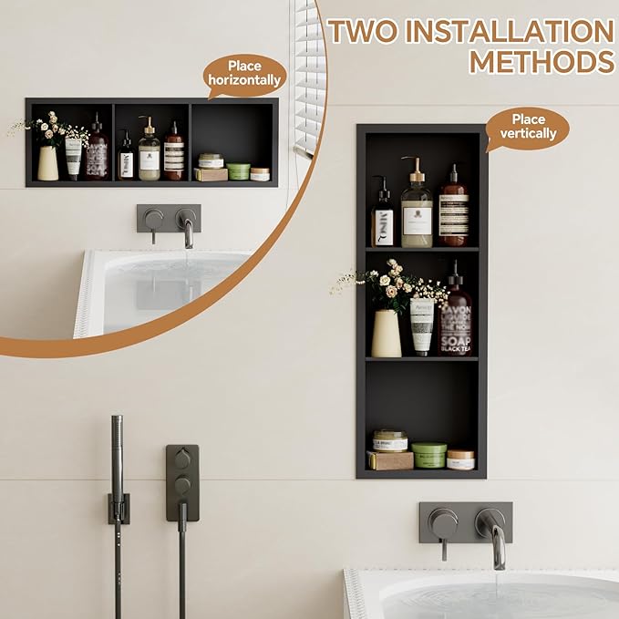 3-Tier Stainless Steel Shower Niche Insert, 36'' * 12'' No Tile Needed Bathroom Niche for Shower Wall, Recessed Wall Cabinet Shelves for Drywall, Living Room, in Wall Shower Shelves, Black