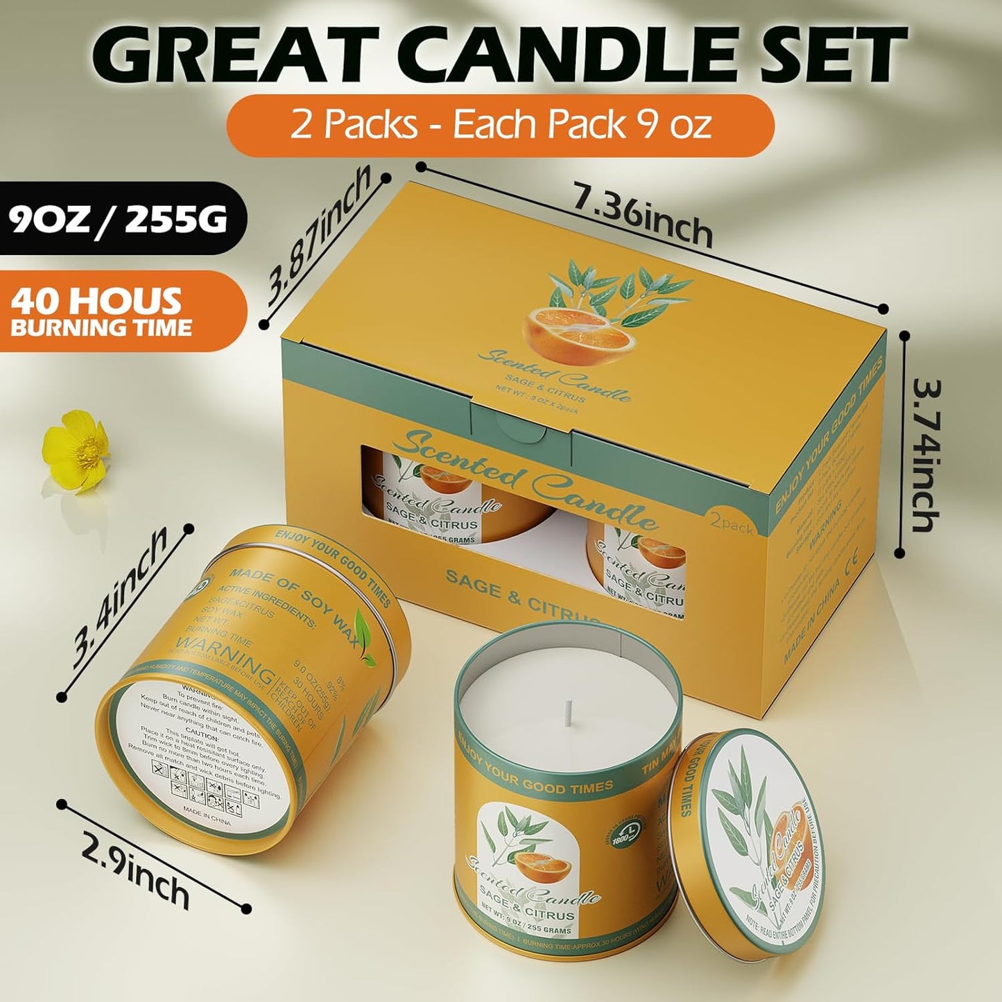 Sage&Citrus Scented Candles Gift Set | 2Pack 18oz 8% Essential Oils 80H Burn | Pure Soy Wax for Aromatherapy Tin Jar Candle | Meditation, Yoga,Smokeless, Relaxation&Sleep Aid Gift Set for Men&Women