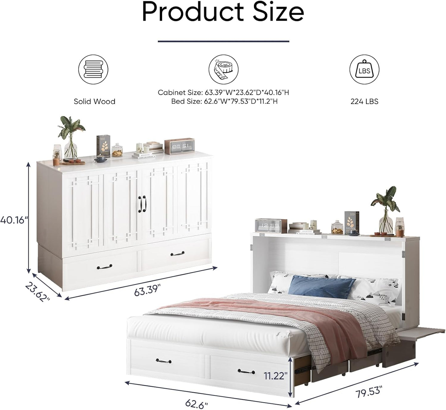ijuicy Cube Murphy Bed Queen, Murphy Chest Cabinet Bed with 3 Level Foldable Memory Foam Mattress & 2 Large Drawers & Charging Station for Guests Room/Bedroom(White)