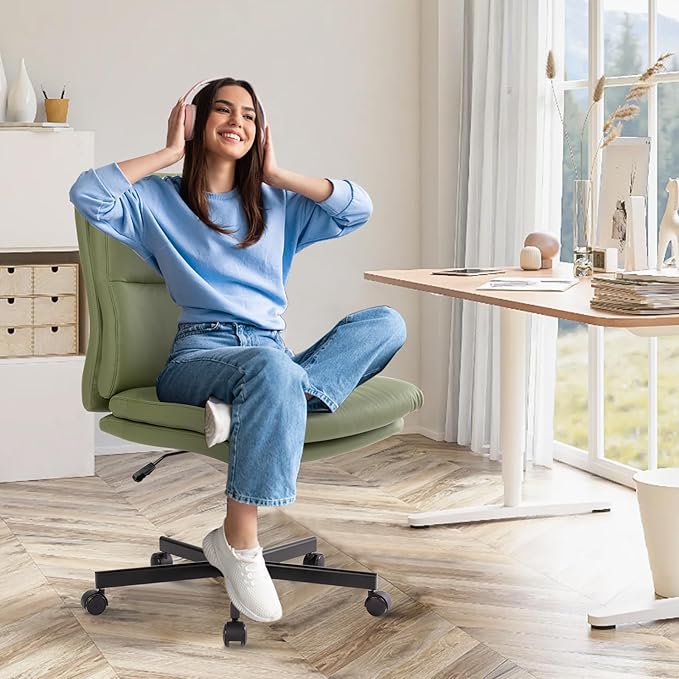 LUCKWIND Armless Office Desk Chair with Wheels, Mid-Back Criss Cross Swivel Task Chair, Height Adjustable Cushioned Vanity Chair, Double Padded PU-Leather Chairs for Home, Office & Bedroom (Green)