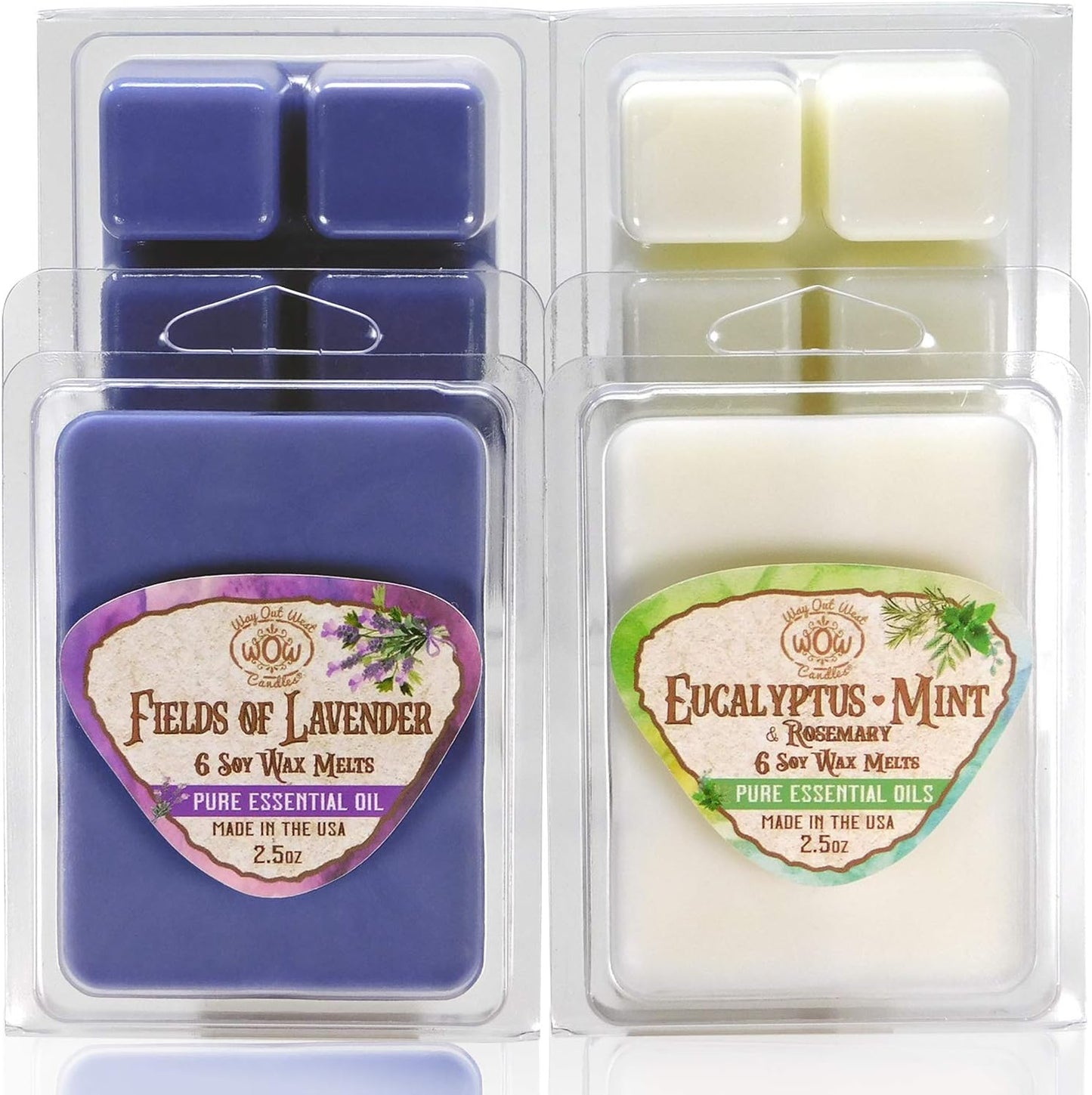 Scented Wax Melts for Wax Warmers - Highly Fragrant Air Freshener - 4 Pack Assorted Set of 6 Melt Cubes - Made in USA by Way Out West Candles (4, Fields of Lavender & Eucalyptus Mint)