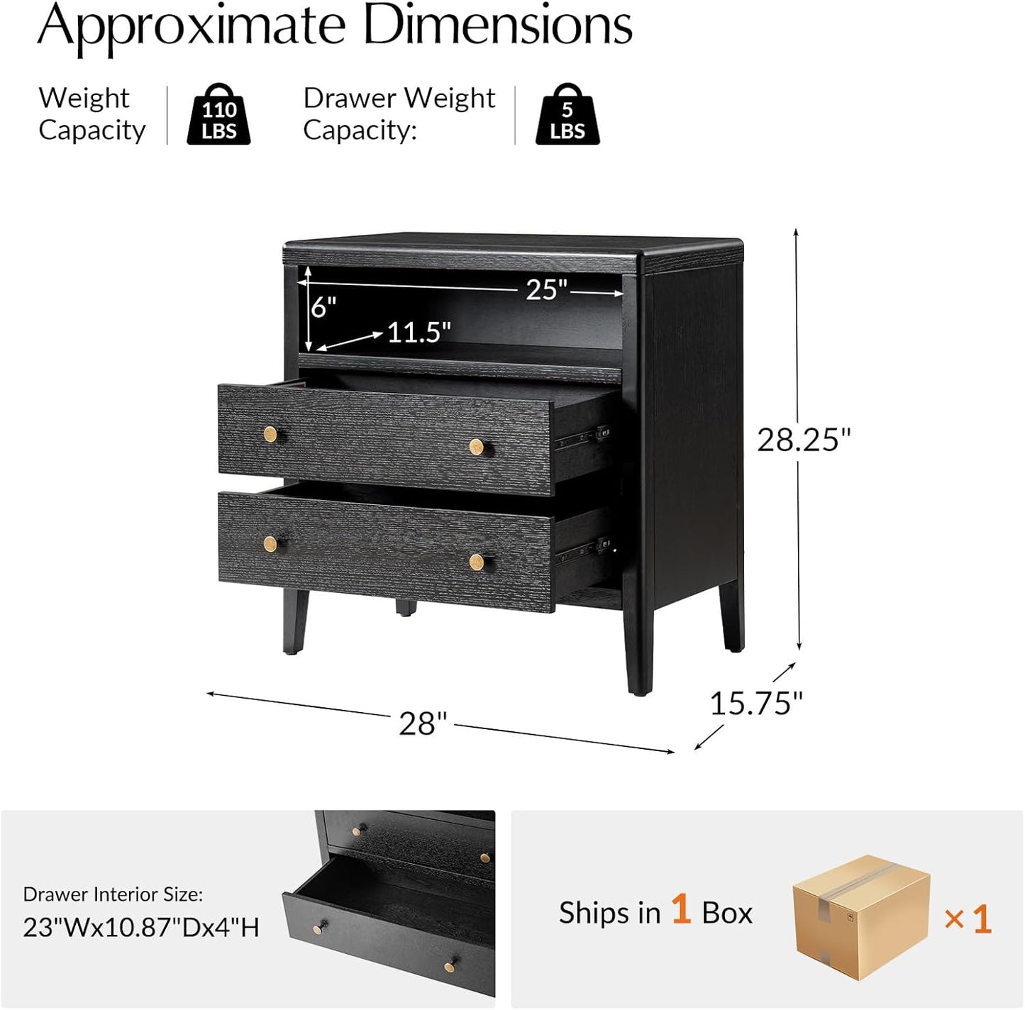 HULALA HOME Nightstand with Charging Station, Modern 2 Drawer Night Stand with Solid Wood Frame, Large Wood Bedside Table with Open Storage Space, Charcoal