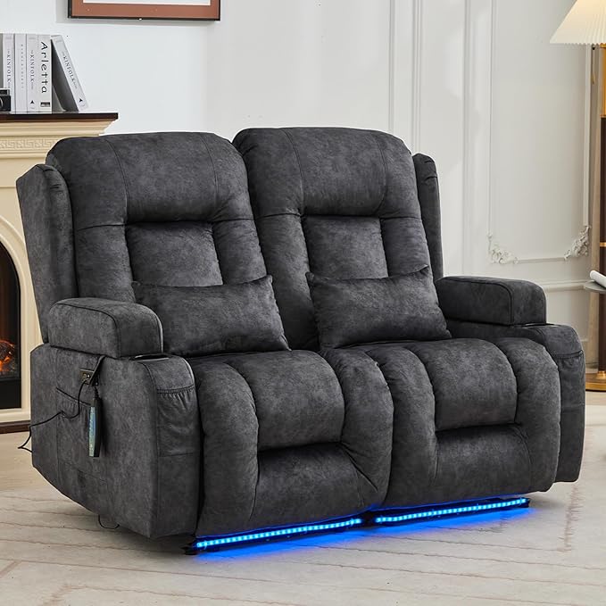 IPKIG 54" Power Loveseat Recliner Sofa, Electric Home Theater Seating with Massage Heat/4 Colors Ambient Lights/USB Port/Side Pocket/Cup Holder for Living Room, Bedroom, RV (Grey, 2 Seater)