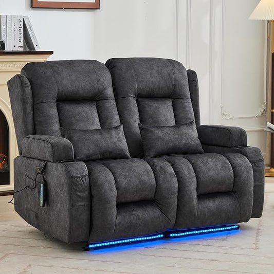 IPKIG 54" Power Loveseat Recliner Sofa, Electric Home Theater Seating with Massage Heat/4 Colors Ambient Lights/USB Port/Side Pocket/Cup Holder for Living Room, Bedroom, RV (Grey, 2 Seater)