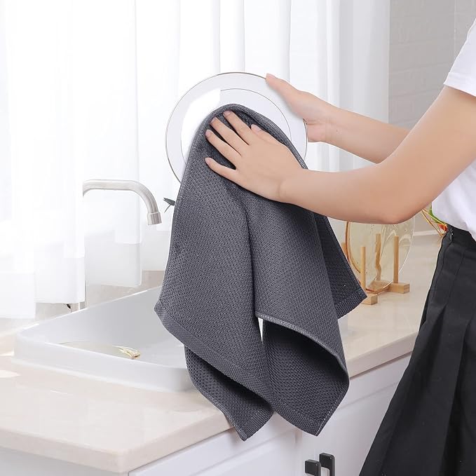Homaxy 100% Cotton Waffle Weave Kitchen Dish Towels, Ultra Soft Absorbent Quick Drying Cleaning Towel, 13 x 28 Inches, 8-Pack, Dark Grey