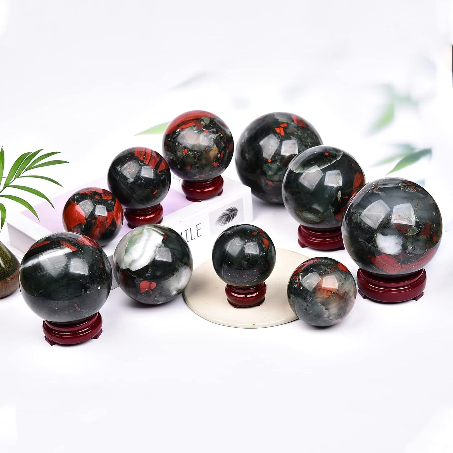 JIC Gem Small Crystal Sphere Ball Natural African Bloodstone Healing Crystal Ball with Decoation Stand for Fengshui Meditation Decoation (50-60mm)