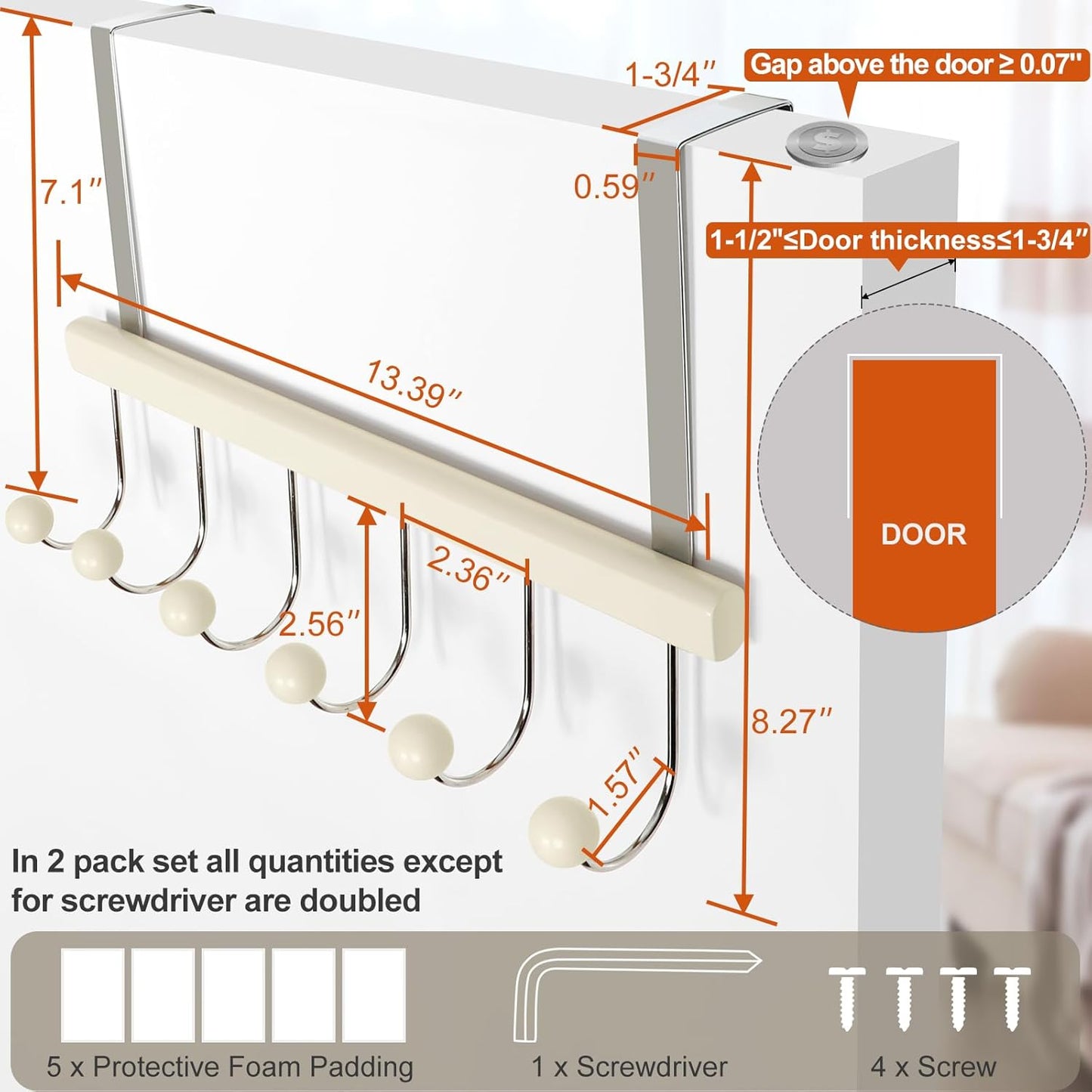 TOPIA HANGER Over The Door Hooks for Hanging, Towel Hooks Towel Racks for Bathroom, Coat Hooks Coat Rack Over The Door Organizer Hanging, Wooden Door Hangers for Coat Towel Hat Purse CT72W - 2 Pack
