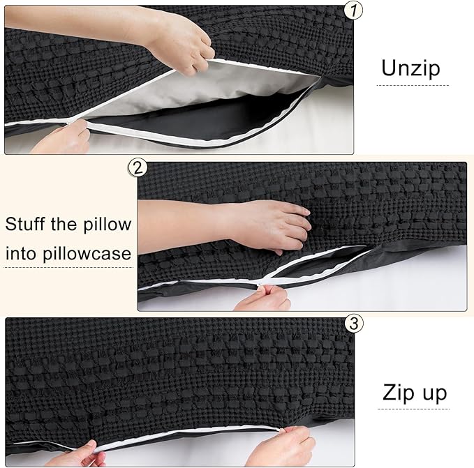 PHF 100% Cotton Waffle Body Pillowcase with Zipper, 1 Pack 20" x 54" Soft Skin-Friendly Pillow Sham, No Filling, Aesthetic Woven and Breathable Waffle Weave Body Pillow Cover for Bed, Black