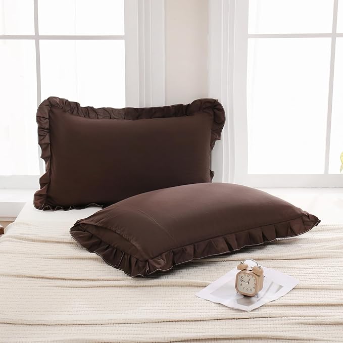 Merryword Dark Brown Pillow Shams Chocolate Queen Pillowcases Cute Pillow Cover Set of 2 Soft Shabby Chic Ruffled Pillowcases 2 Pack (Queen (20''x30''), Chocolate)