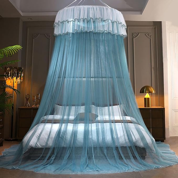 Kertnic Mosquito Net Bed Canopy for Girls, Princess Canopy Bed Curtain Fine Sheer Mesh Dome Bed Canopies, Kids & Adults Lace Tent for Twin Full Queen King Bed (Lake Blue)