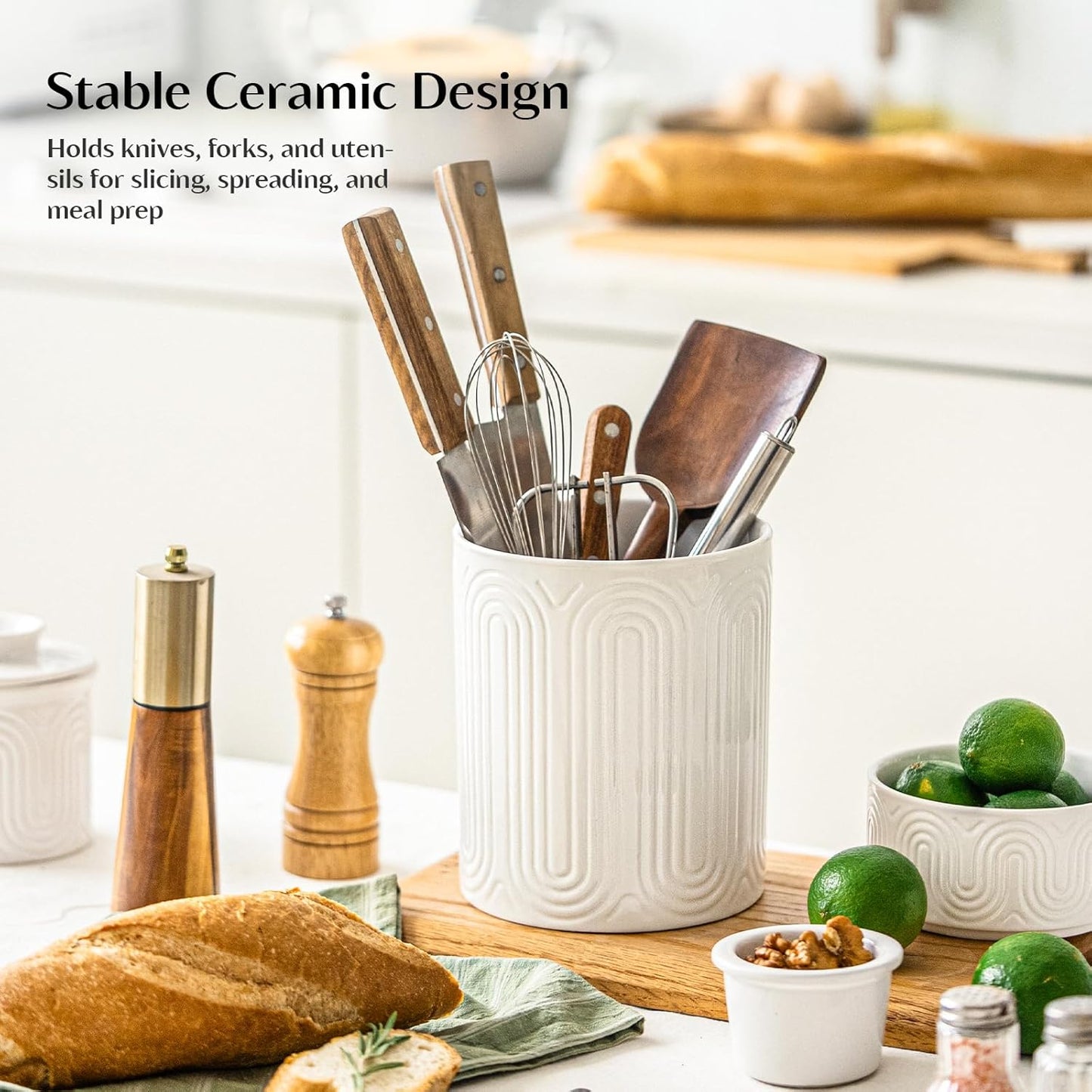INSETLAN 7.1" Ceramic Utensil Holder, Kitchen Utensil Organizer for Countertop, Arch-Design Utensil Crock for Farmhouse Decor & Kitchen Counter, Perfect Housewarming Gift