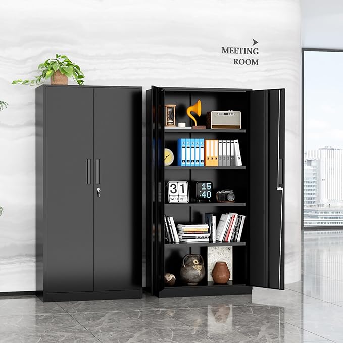 SUNCROWN 72" Metal Storage Cabinet - Heavy-Duty Metal Garage Cabinet with 4 Adjustable Shelves & 2 Doors for Tools, Office, Home, Workshop,Black-Small