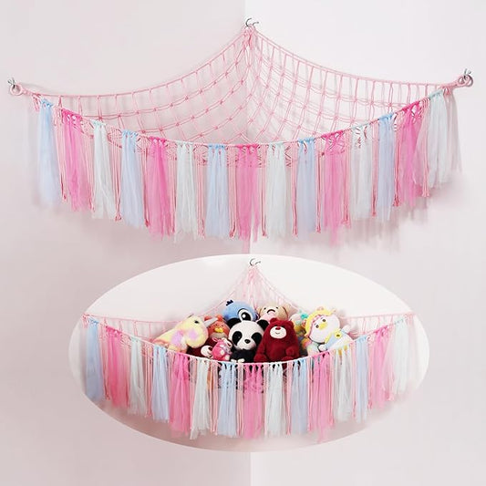 Stuffed Animal Toys Hammock with LED Light, Stuffed Doll Hanging Corner Holder for Home Storage, Large Hanging Net -Display Teddies for Bedroom, Pink Decor Organizer