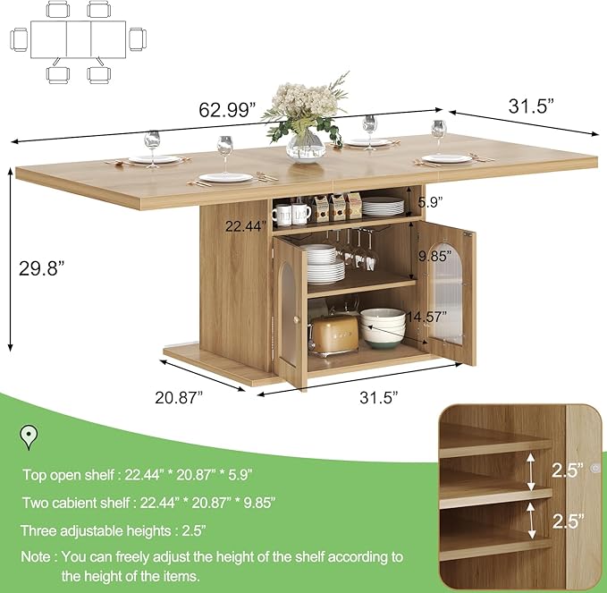 HSH Dining Table for 4–6, 63 Inch Wood Farmhouse Kitchen Table with 3-Tier Storage Shelf and Acrylic Door Cabinet, Rectangular Modern Dining Room Dinner Table for Apartment Home Small Space, Light Oak