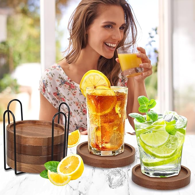 6 Pcs Best Wooden Coasters with Holder Coffee Table Decor Acacia Wood Coaster Set Modern Cup Coaster for Drink Home Dining Table Kitchen Accessories Cute Beer Bar Decorative Rustic Outdoor Coasters