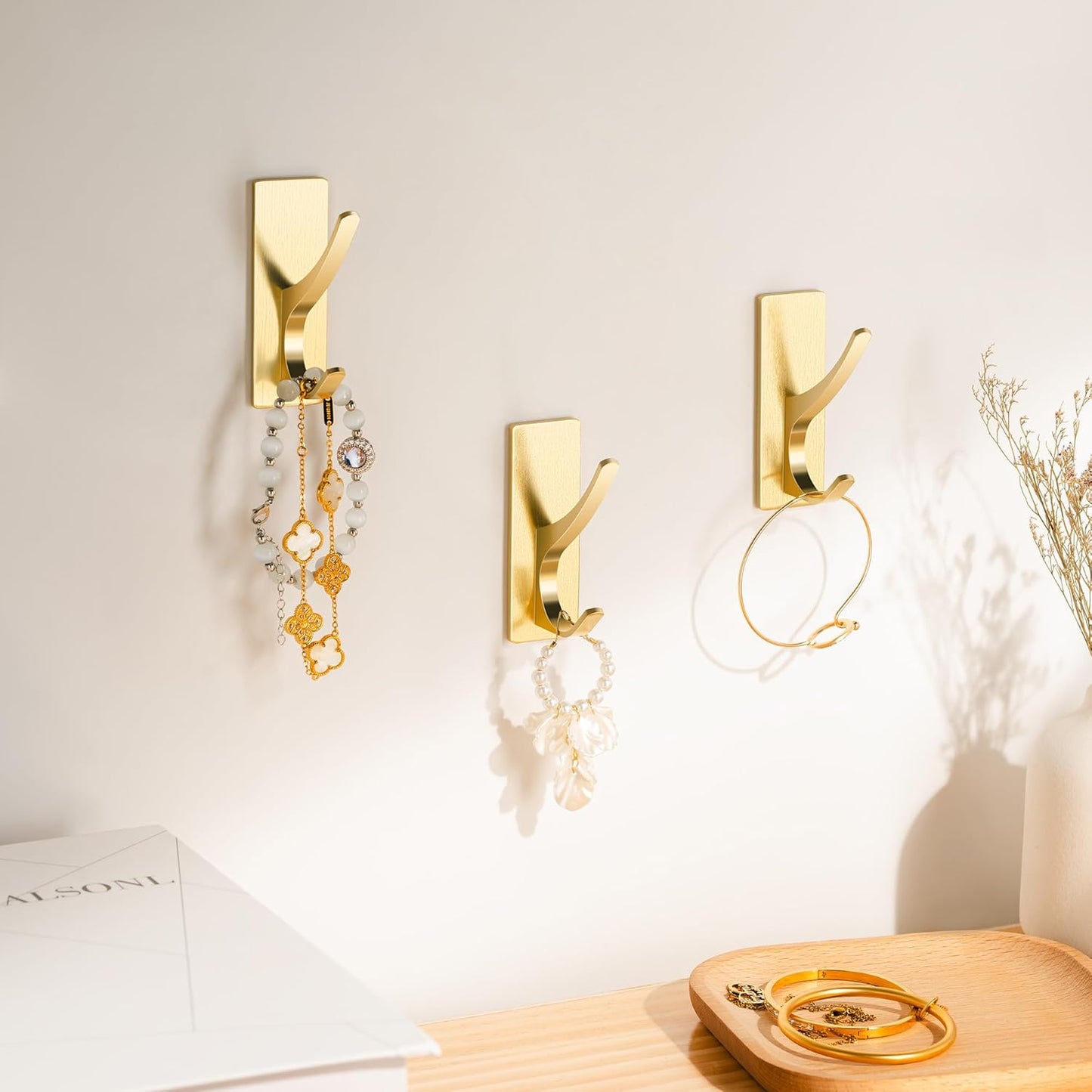 Self Adhesive Coat Hooks for Hanging, Heavy Duty Stainless Double Wall Hook for Towel, Backpack, Hat, Sturdy Metal Hanger for Bathroom, Bedroom, Door, Wall Mounted, 4-Pack, Brushed Gold