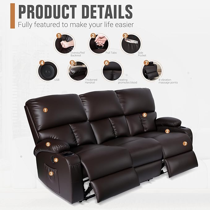 Home Theater Seating,RV Recliner Sofa with Massage and Heat,Manual RV Recliner Loveseat with USB/Cup Holders and Side Pocket for Living Room,3 Seater Brown