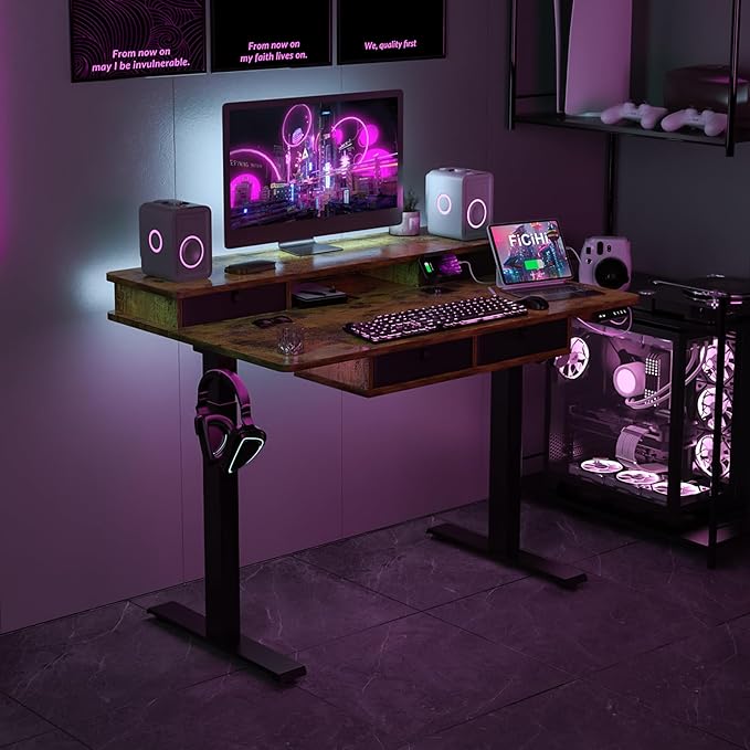 Adjustable Height Standing Desk with 4 Drawers,48 x 30 inches Electric Sit Stand Home Office Desk with Two Tiers, 3 Memory Presets, Monitor Stand Riser, USB A/C Charging Port