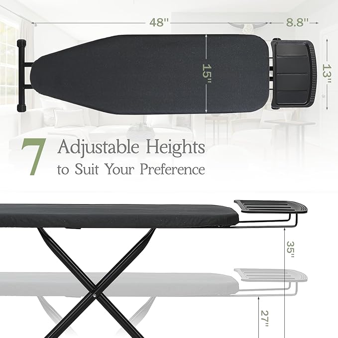 Ironing Board 48x15, Wide Heavy Duty Full Size Iron Board with Retractable Iron Rest, BlissBoard Sturdy Frame with Ultra Thick Padding, Heat-Resistant Cover, Height-Adjustable