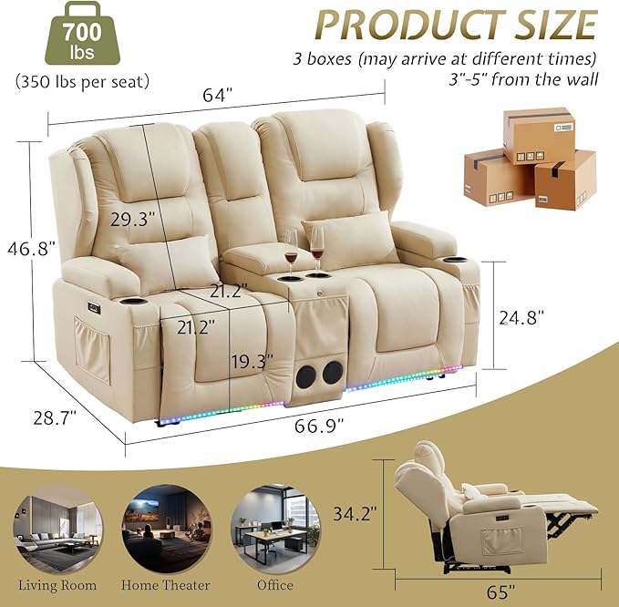 SAMERY Power Loveseat Recliner Sofa with Adjustable Split Back, USB Charging, Bluetooth Speakers & LED Lighting – Home Theater Seating with Storage, Cup Holders, Beige Fabric Loveseat Recliner
