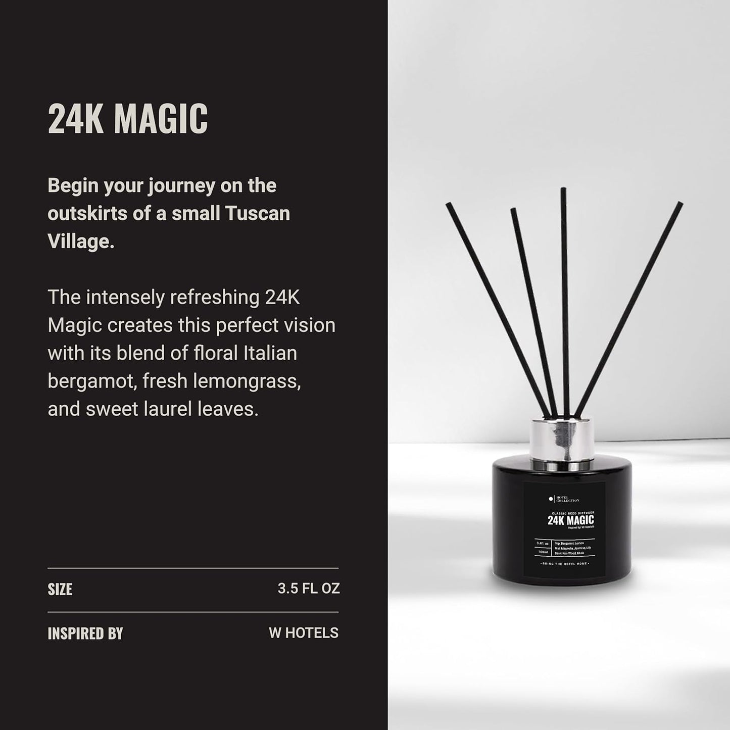 Hotel Collection - 24K Magic - Reed Diffuser Set - Luxury Aromatherapy - Lemon, Bergamot, Black Fig, Cedarwood, Amber, Musk & Blonde Woods - Essential Oil Diffusers - Shelf Decor - 100mL/3.5 FL oz